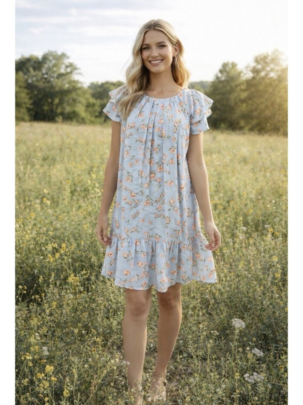 CeCe Dress L Large Women’s Blue Floral Ruffle Short Sleeve Washable NEW $129